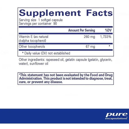 Витамин Е Pure Encapsulations Vitamin E со смешанными токоферолами, поддержка клеточного дыхания и здоровья сердечно-сосудистой системы, 90 капсул: цены и характеристики