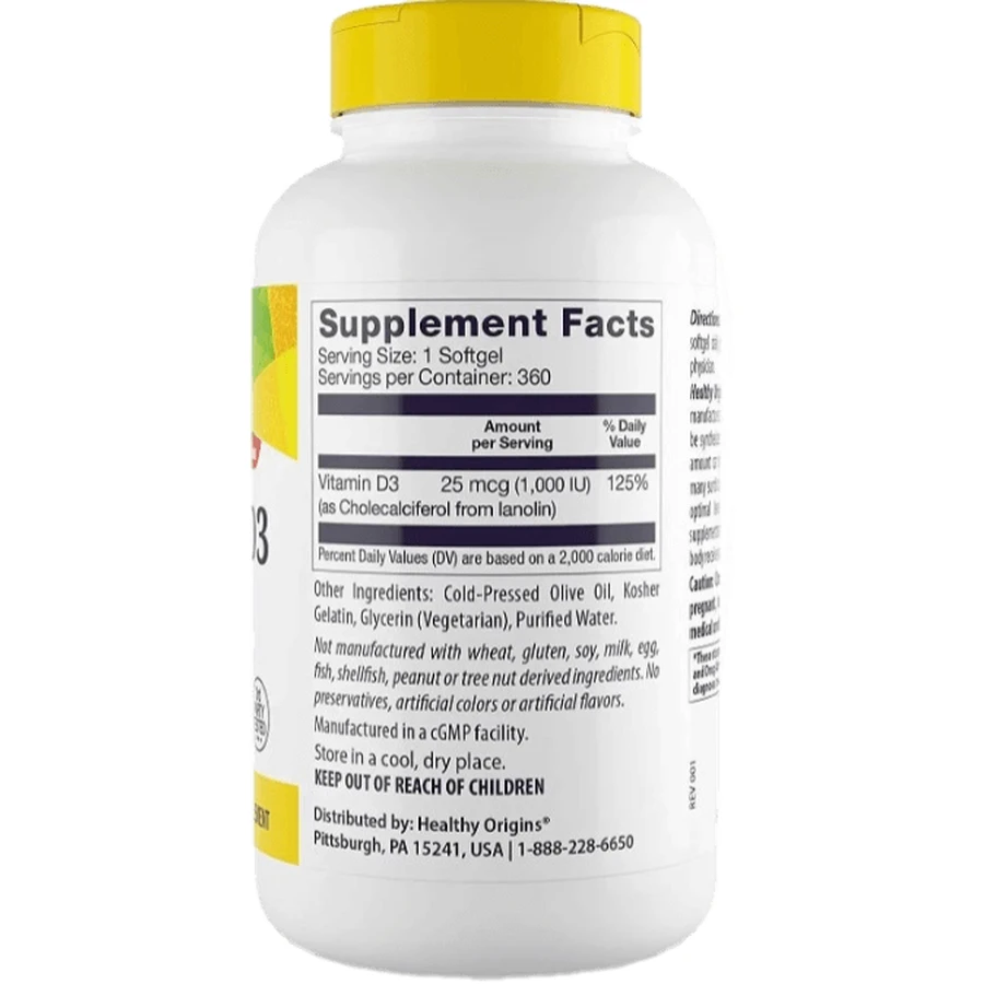 Вітамін Д3 Healthy Origins Vitamin D3 1000 МО, 360 капсул: ціни та характеристики