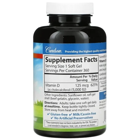 Вітамін Д-3 Carlson Vitamin D3 5000 МО, 360 гелевих капсул: ціни та характеристики
