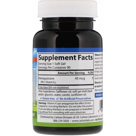 Вітамін K2 MK-7 Carlson Vitamin K2 MK-7 45 мкг, 90 гелевих капсул: ціни та характеристики