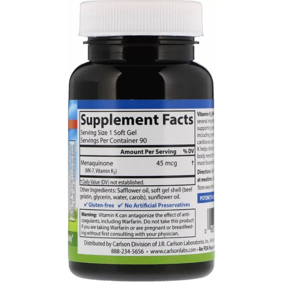 Вітамін K2 MK-7 Carlson Vitamin K2 MK-7 45 мкг, 90 гелевих капсул: ціни та характеристики