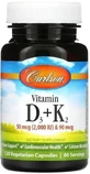 Витамин D3 + K2 Carlson Vitamin D3 + K2, 120 капсул