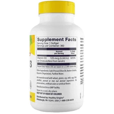 Вітамін Д3 Healthy Origins Vitamin D3 5000 МО, 360 капсул: ціни та характеристики