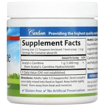 Ацетил карнітин Carlson Acetyl L-Carnitine, порошок амінокислоти, 100 г: ціни та характеристики