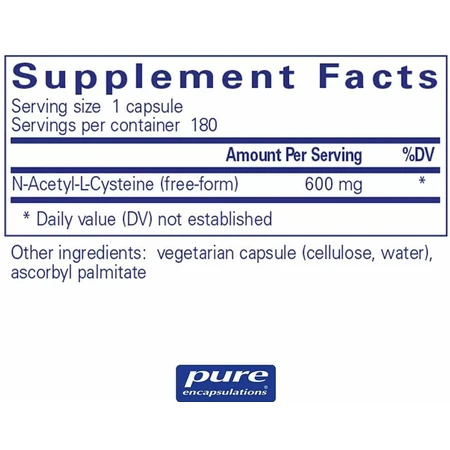 NAC (N-ацетилцистеїн) Pure Encapsulations n-acetyl-l-cysteine 600 мг, підтримка дихальної функції, утворення глутатіону і детоксикації, 180 капсул: ціни та характеристики