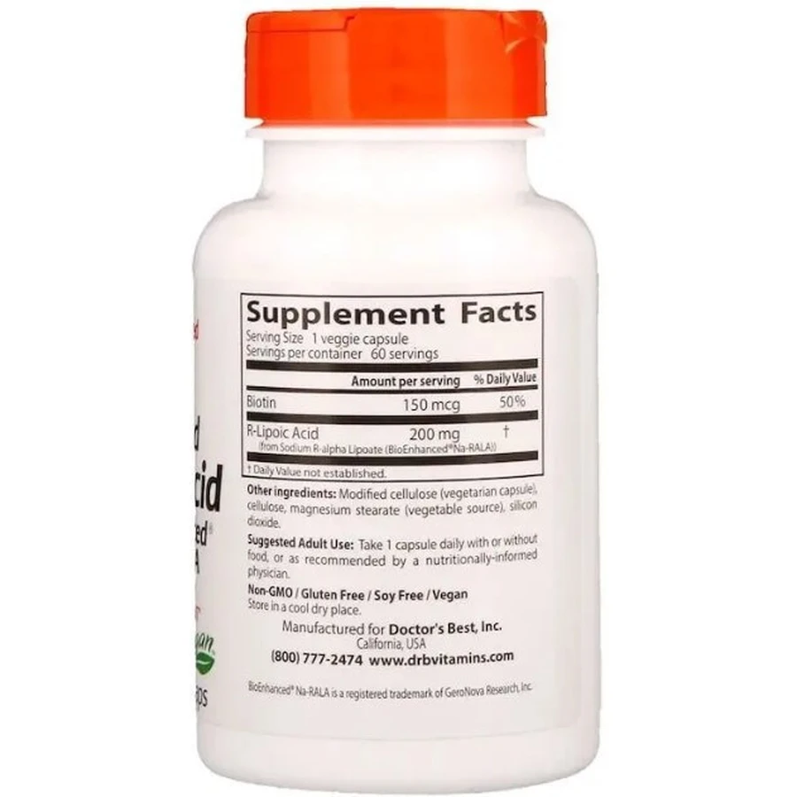 R ліпоєва кислота Doctor's Best R-Lipoic Acid 200 мг, 60 капсул: ціни та характеристики