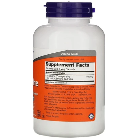 L-карнитин Now Foods L-Carnitine 500 мг, 180 вегетарианских капсул: цены и характеристики