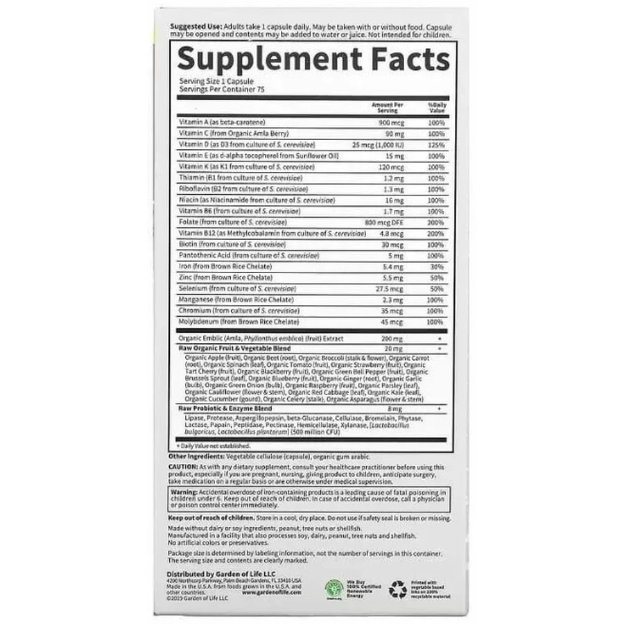 Сырые Витамины для женщин Garden of Life Raw Multi-Vitamin Vitamin Code, 1 в день, 75 капсул: цены и характеристики