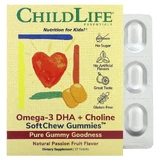Омега-3, ДГК + холин  ChildLife Omega-3 DHA + Choline SoftMelts, для детей, натуральный вкус маракуйи, 27 таблеток