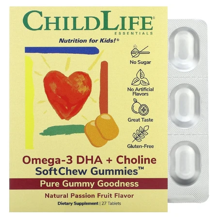 Омега-3, ДГК + холін ChildLife Omega-3 DHA + Choline SoftMelts, для дітей, натуральний смак маракуї, 27 таблеток: ціни та характеристики