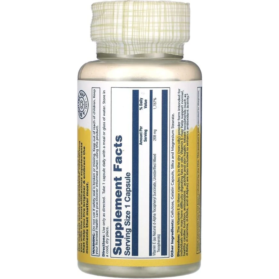 Витамин Е D-альфа-токоферол Solaray Vitamin E d-Alpha Tocopherol капсулы антиоксидантного действия флакон, 50 шт.: цены и характеристики