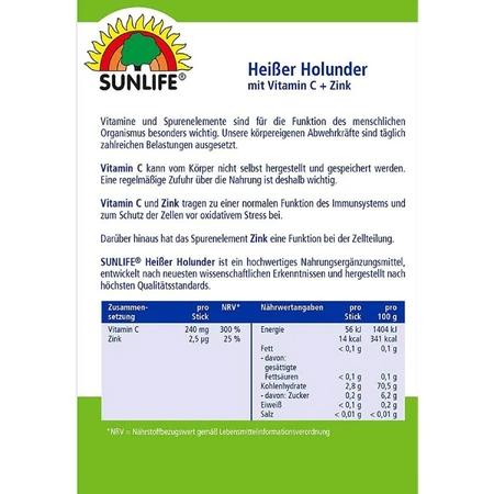 Напій гарячий з вітаміном С + Цинк Sunlife Heibe Holunder Vitamin C + Zink Sticks стік 4 г, 20 шт.: ціни та характеристики