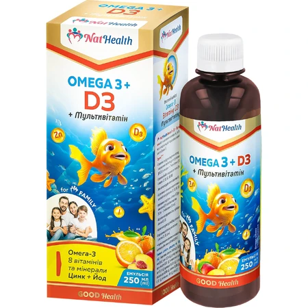 Омега 3+D3+ Мультивитамин NatHealth общеукрепляющего действия эмульсия флакон, 250 мл: цены и характеристики