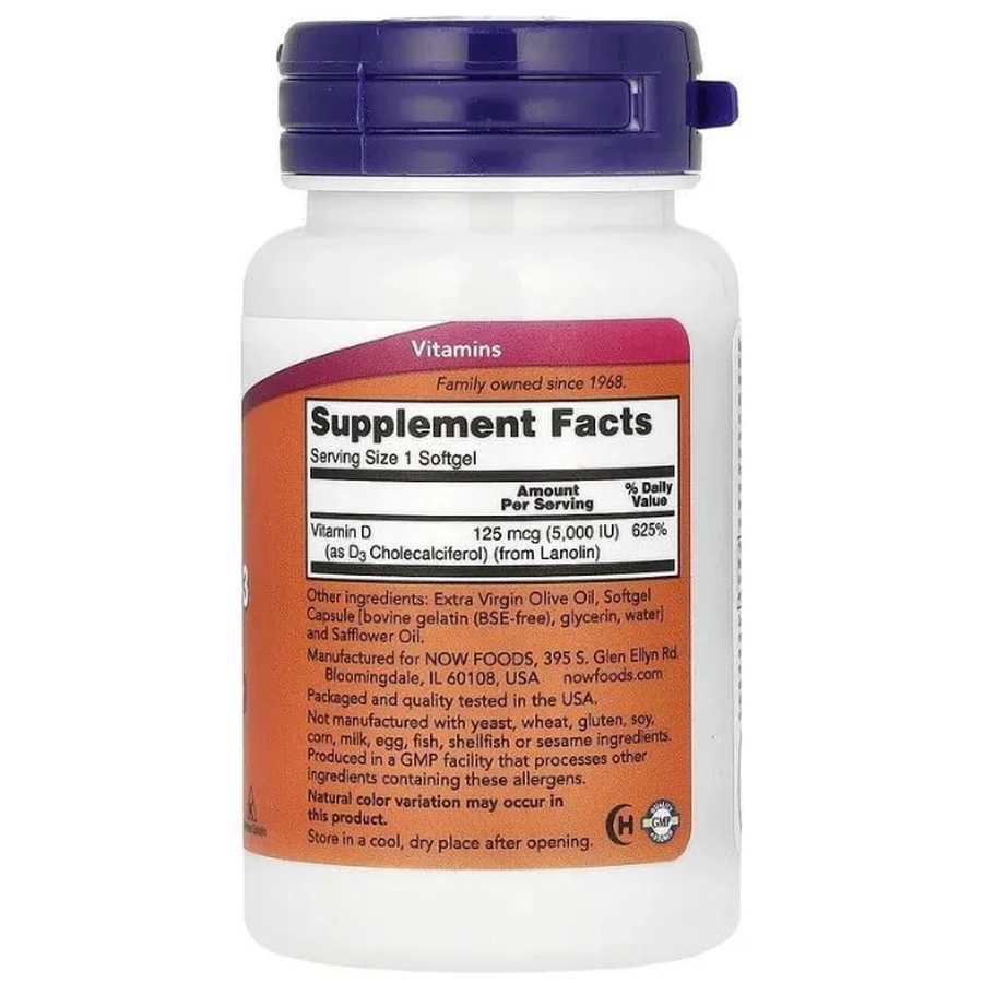 Витамин D-3 NOW Foods Vitamin D-3 5000 МЕ, высокоэффективный, 30 гелевых капсул: цены и характеристики