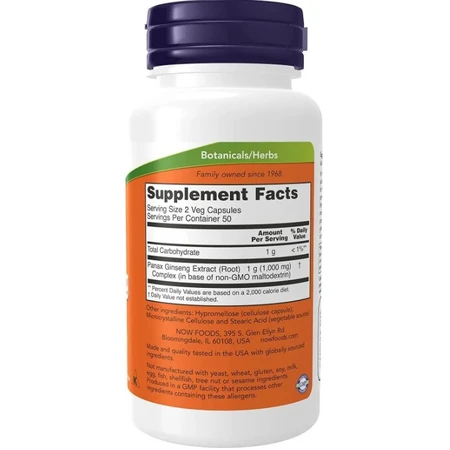 Женьшень Now Foods Panax Ginseng 500 мг, 100 вегетаріанських капсул: цены и характеристики