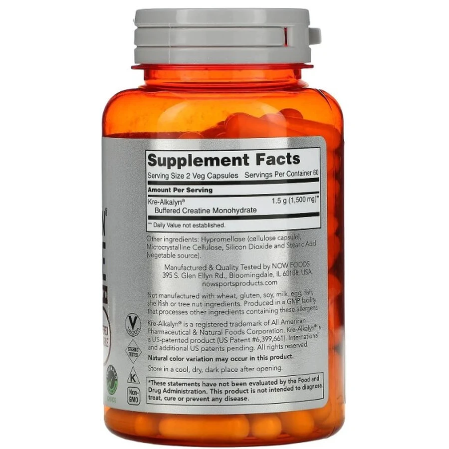Креатин Now Foods Sports 750 мг Kre-Alkalyn Creatine, 120 вегетарианских капсул: цены и характеристики