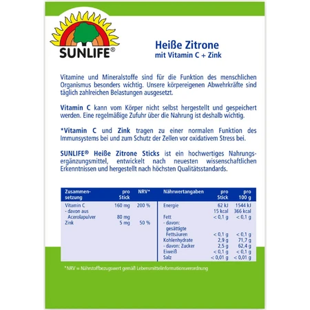 Напій гарячий з вітаміном С та цинком Sunlife Heibe Zitrone Vitamin C + Zink Sticks стік 4 г №20: ціни та характеристики