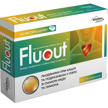 Флюаут Solution Pharm льодяники зі смаком меду та лимону без цукру для пом’якшенню кашлю та зменшенню подразнення у горлі, 24 шт.: ціни та характеристики