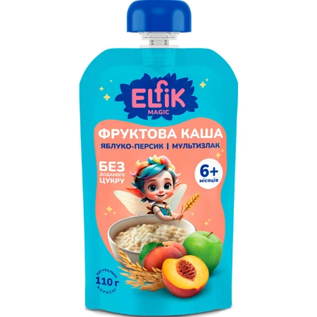 Пюре фруктове дитяче Elfik Magic яблуко, персик з мультизлаковою кашею Doy-Pack 110 г : ціни та характеристики