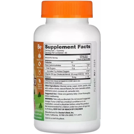Вітамін D3 для дітей, 1000 МО, смак фруктів, Vitamin D3 Kids Gummies, Doctor's Best, 60 жувальних цукерок: ціни та характеристики