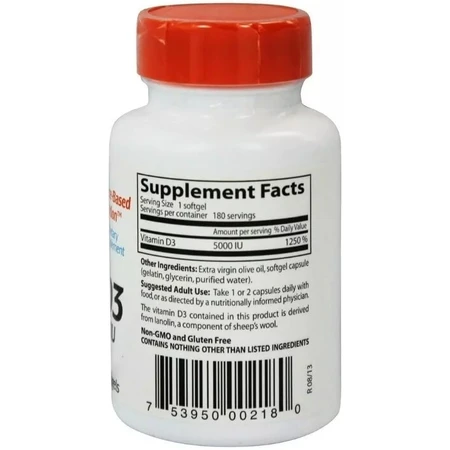 Вітамін D3, 5000 МО, Vitamin D3, Doctor's Best, 180 вегетаріанських капсул: ціни та характеристики