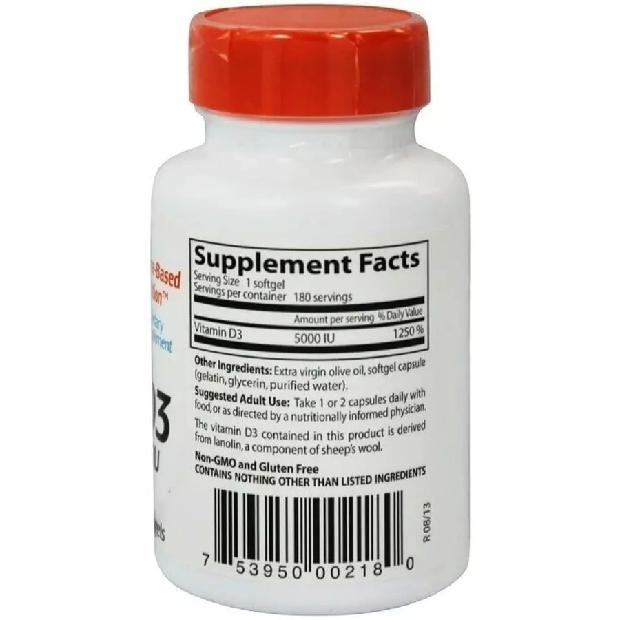 Вітамін D3, 5000 МО, Vitamin D3, Doctor's Best, 180 вегетаріанських капсул: ціни та характеристики