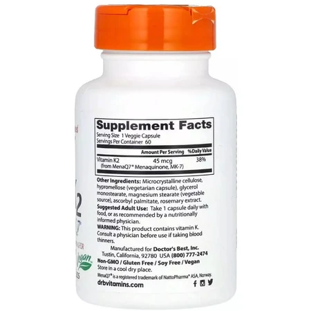 Витамин K2, MK-7 с MenaQ7, 45 мкг, Vitamin K2 MK-7 with MenaQ7, Doctor's Best, 60 вегетарианских капсул: цены и характеристики