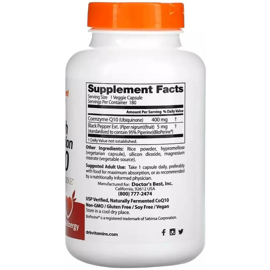 Коэнзим Q10 высокой абсорбации с Биоперином, 400 мг, High Absorption CoQ10 with BioPerine, Doctor's Best, 180 вегетарианских капсул: цены и характеристики