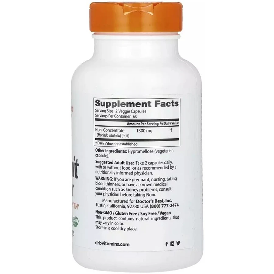 Ноні в порошку, 1300 мг, Noni Fruit Powder, Doctor's Best, 120 вегетаріанських капсул: ціни та характеристики
