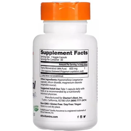 Ресвератрол, 600 мг, High Potency Trans-Resveratrol 600, Doctor's Best, 60 вегетаріанських капсул: ціни та характеристики