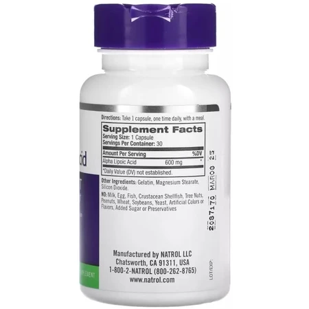 Альфа-ліпоєва кислота, 600 мг, Alpha-Lipoic Acid, Natrol, 30 капсул: ціни та характеристики