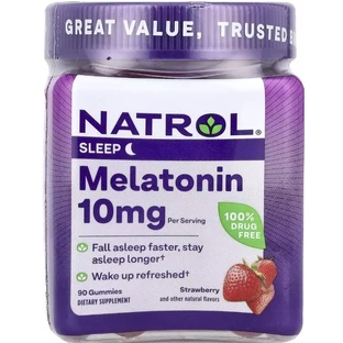 Мелатонин, 10 мг, вкус клубники, Melatonin, Natrol, 90 жевательных конфет