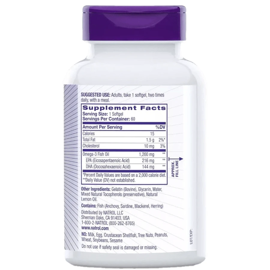 Омега-3 Риб'ячий Жир, 1200 мг, Omega-3 Fish Oil, Natrol, 60 желатинових капсул: ціни та характеристики