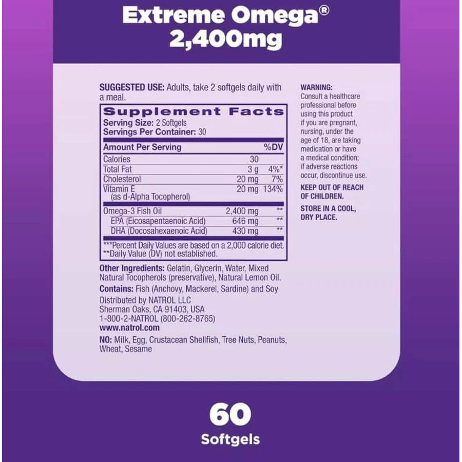 Омега-3, 2400 мг, смак лимона, Extreme Omega, Natrol, 60 капсул: ціни та характеристики
