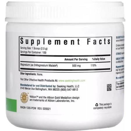 Магній малат у порошку, 500 мг, Magnesium Malate Powder, Seeking Health, 250 г: ціни та характеристики