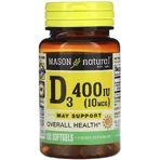 Витамин D3, 10 мкг (400 МЕ), Vitamin D3, Mason Natural, 100 гелевых капсул: цены и характеристики