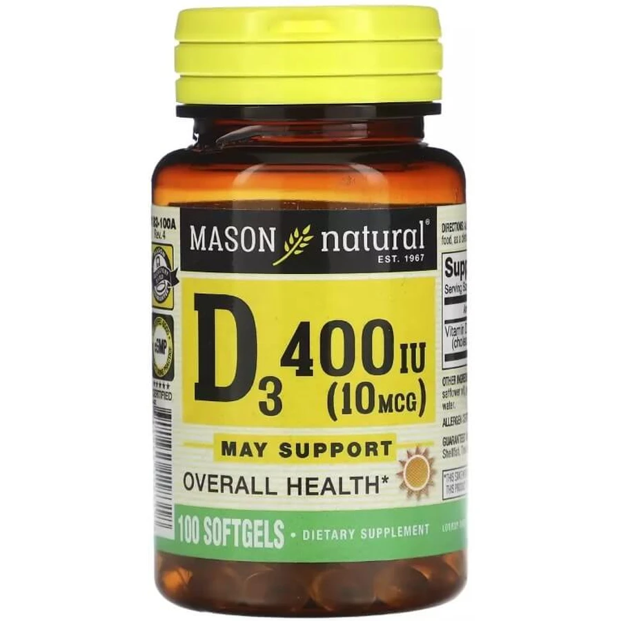 Витамин D3, 10 мкг (400 МЕ), Vitamin D3, Mason Natural, 100 гелевых капсул: цены и характеристики