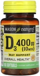 Витамин D3, 10 мкг (400 МЕ), Vitamin D3, Mason Natural, 100 гелевых капсул