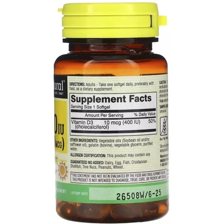 Витамин D3, 10 мкг (400 МЕ), Vitamin D3, Mason Natural, 100 гелевых капсул: цены и характеристики