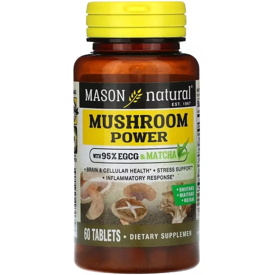 Грибы для Здоровья мозга и клеток, Mushroom Power, Mason Natural, 60 таблеток: цены и характеристики