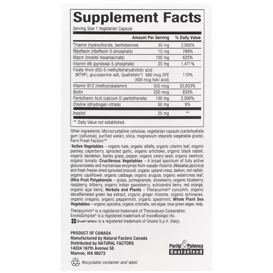 Активный комплекс витаминов B, BioCoenzymated, Active B Complex, Natural Factors, 60 вегетарианских капсул: цены и характеристики