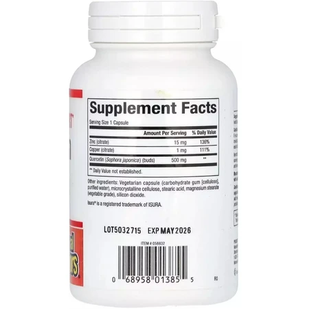 Кверцитин с цинком и медью, 500 мг, Quercetin with Zinc & Copper, Natural Factors, 60 вегетарианских капсул: цены и характеристики