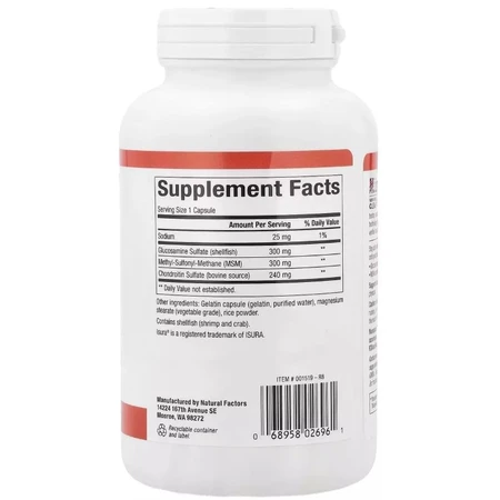 Формула для суставов с МСМ, глюкозамином и хондроитинсульфатом, MSM Joint Formula with Glucosamine & Chondroitin Sulfate, Natural Factors, 180 капсул: цены и характеристики