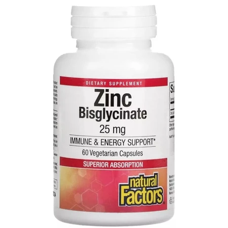 Цинк бісгліцинат, 25 мг, Zinc Bisglycinate, Natural Factors, 60 вегетаріанських капсул: ціни та характеристики