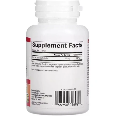 Цинк бісгліцинат, 25 мг, Zinc Bisglycinate, Natural Factors, 60 вегетаріанських капсул: ціни та характеристики