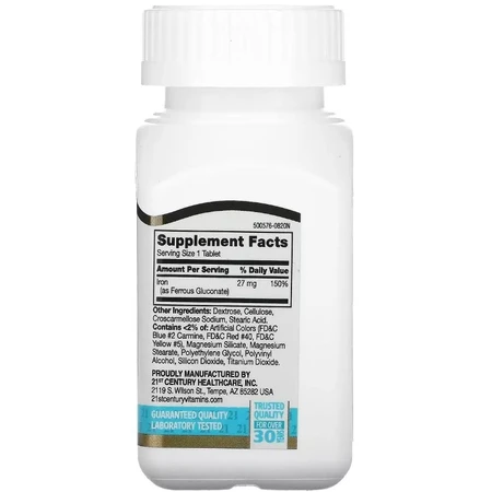 Залізо Високоефективне, 27 мг, High-Potency Iron, 21st Century, 110 таблеток: ціни та характеристики