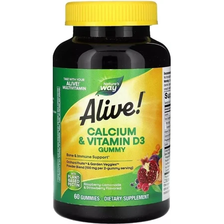 Кальций и витамин D3, вкус малина-лимонад и клубника, Alive! Calcium & Vitamin D3 Gummy, Nature's Way, 60 жевательных конфет: цены и характеристики
