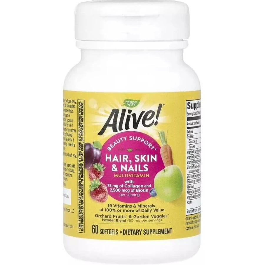 Мультивитамины для волос, кожи и ногтей, вкус клубники, Alive! Hair, Skin & Nails Multi-Vitamin, Nature's Way, 60 гелевых капсул: цены и характеристики
