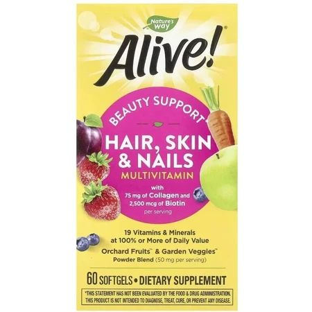 Мультивитамины для волос, кожи и ногтей, вкус клубники, Alive! Hair, Skin & Nails Multi-Vitamin, Nature's Way, 60 гелевых капсул: цены и характеристики