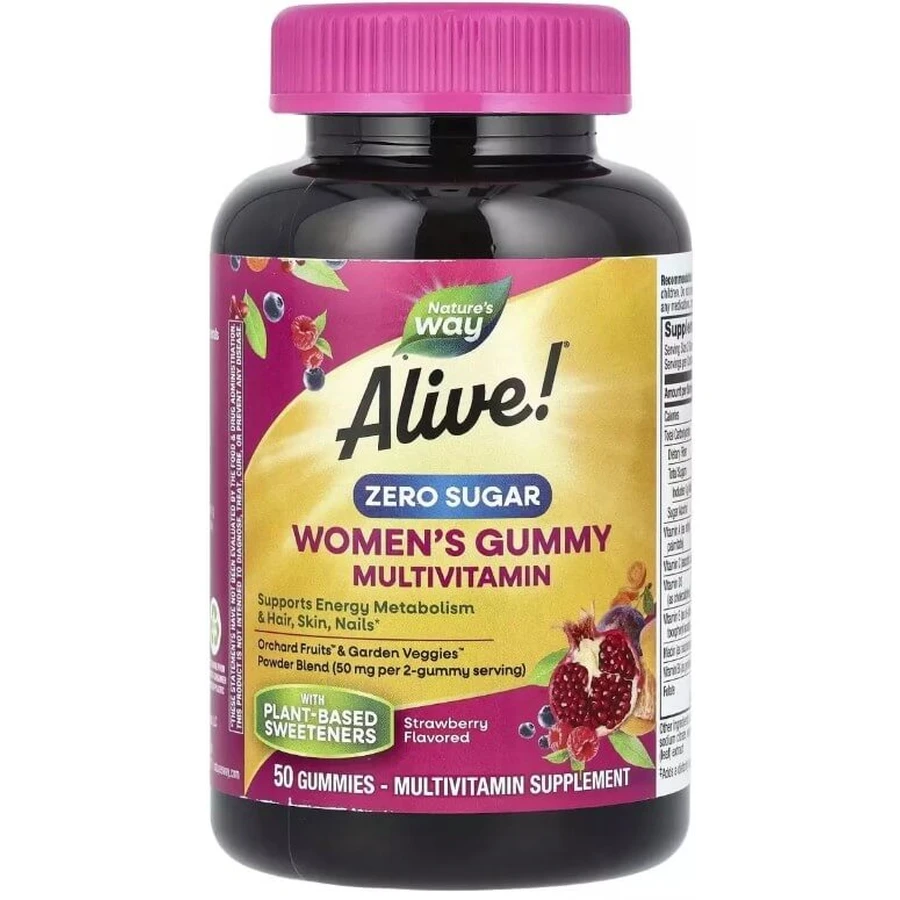 Мультивітаміни для жінок, без цукру, смак полуниці, Alive! Women's Gummy Multivitamin, Nature's Way, 50 жувальних цукерок: ціни та характеристики